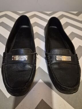 Coach Black Leather Logo Plaque Penny Loafers